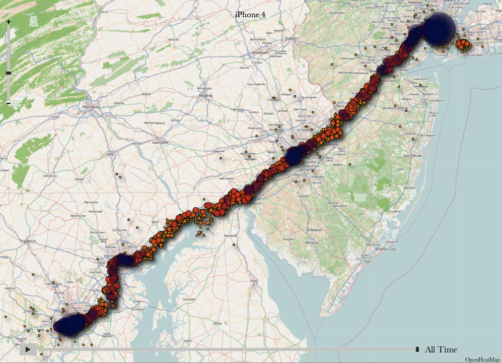 Visualisation of one user's vulnerable location data recorded by an iPhone