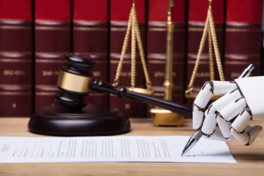 Robotic Hand Signing Document On Wooden Desk In Courtroom